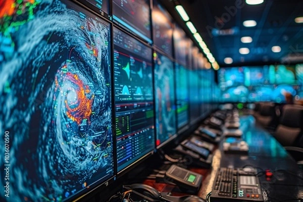 Fototapeta Experts assess a powerful hurricane using multiple screens displaying real-time data and projections. The control room is equipped for critical decision-making during severe weather events