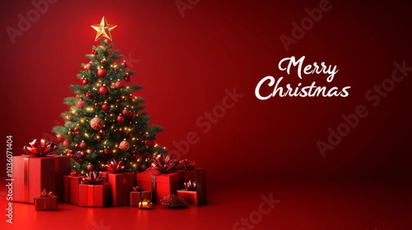 Fototapeta beautifully decorated Christmas tree with glowing lights and star on top stands surrounded by red gift boxes against rich red background, evoking festive and joyful atmosphere