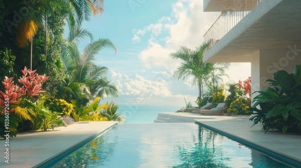 Fototapeta Bright tropical residence with a panoramic balcony and ocean views, octane render, 32k, UHD