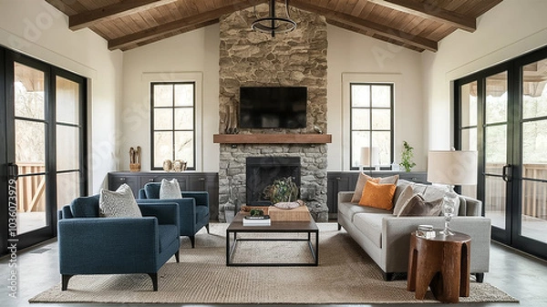 Fototapeta Farm house luxury style living room with a fireplace and a sconce hanging from the ceiling. Generative AI.