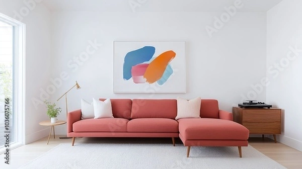 Fototapeta Red modern sofa, contemporary living room, abstract wall art, side wooden cabinet with plant, minimalist design, neutral wall background, artistic home decor, stylish and inviting space

