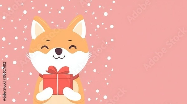 Fototapeta   A charming red fox holds a gift-wrapped box and wears a bow on its chest against a soft pink backdrop with snowflakes