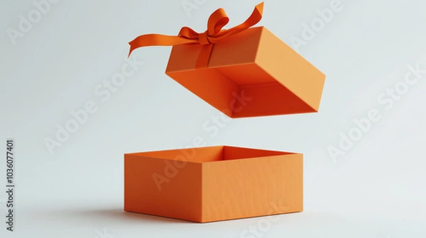 Fototapeta open orange gift box with ribbon floats above its base, creating sense of surprise and anticipation. minimalist design highlights vibrant color and elegant presentation