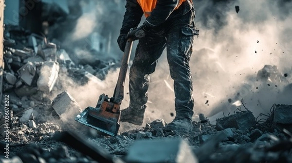 Fototapeta A detailed shot of a construction worker operating a jackhammer on a demolition site surrounded by rubble and dust, Demolition site scene, Gritty and intense style