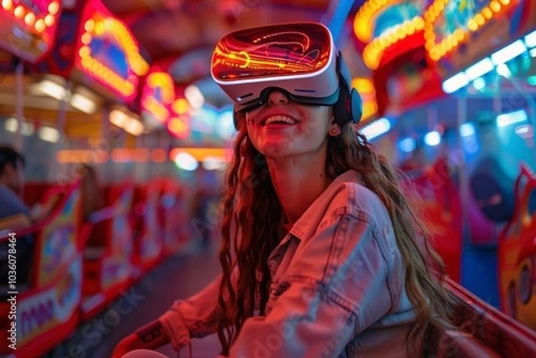 Fototapeta The woman enjoys an immersive virtual reality experience in a vibrant arcade filled with glowing lights. Her excitement is evident as she explores the digital environment
