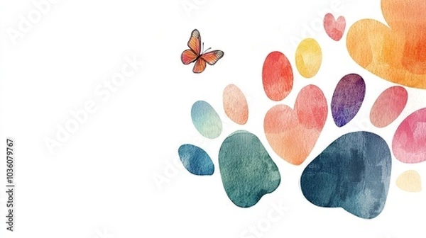 Fototapeta   Watercolor illustration depicting a butterfly soaring above an array of heart shapes against a blank white backdrop