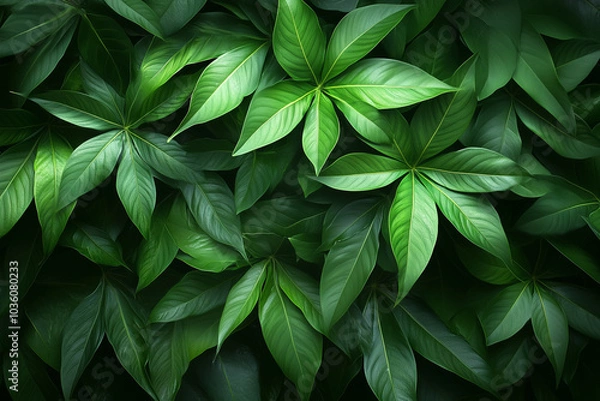 Obraz Close-up view of diverse green leaves creating a lush, textured pattern in a natural setting during daylight hours