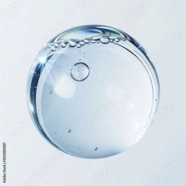 Fototapeta Glycerin gel texture. Water drop. Blue serum toner drop isolated on white background. Liquid moisturizing gel with bubbles macro