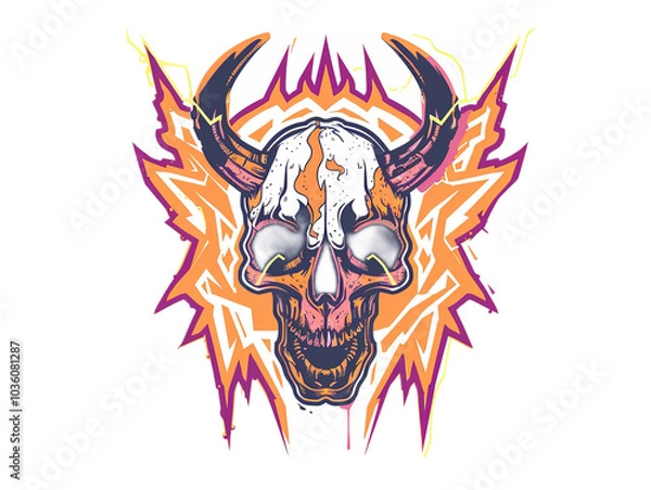Fototapeta Vibrant Skull with Horns and Lightning Design