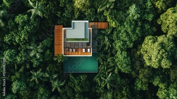 Fototapeta Worm's eye view of modern villa in tropical forest