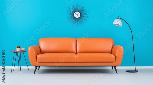 Fototapeta Orange leather sofa, turquoise blue wall, minimalist interior design, black floor lamp, stylish furniture, cozy home decor, modern living room

