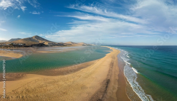 Fototapeta Aerial view Playa de Sotavento, Fuerteventura: a breathtaking view of crystal-clear lagoons and sweeping sand dunes on this iconic Canary beach Spain