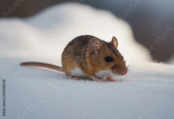Fototapeta A small brown mouse in the snow looking at the camera. Close-up.