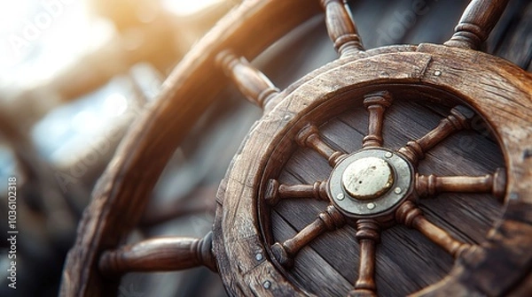 Fototapeta A close-up of a ship's wooden steering wheel.