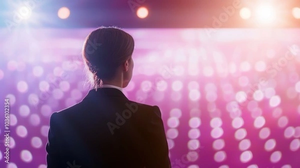 Fototapeta Empowered Businesswoman Sharing Success Metrics with Captivated Audience under Cinematic Light