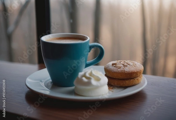 Fototapeta Cup of coffee and biscuit with cream on the wooden table.