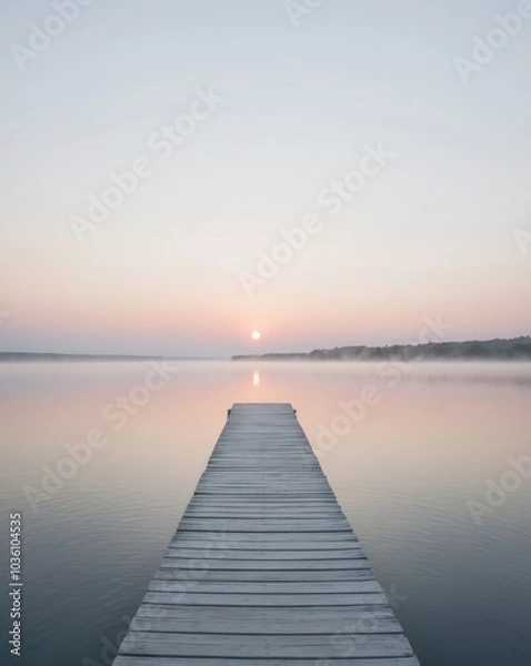 Fototapeta Sunrise over a Calm Lake with a Wooden Dock.