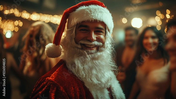 Fototapeta Joyful man in Santa Claus costume celebrating at New Year party with friends