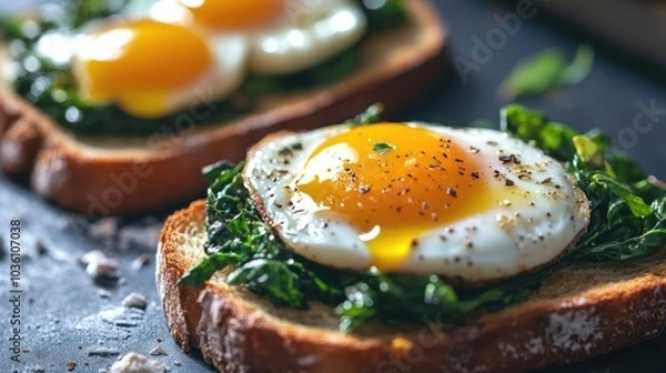 Fototapeta Roasted eggs with greens served on sourdough toast featuring a melting and dripping egg yolk perfect for breakfast or brunch