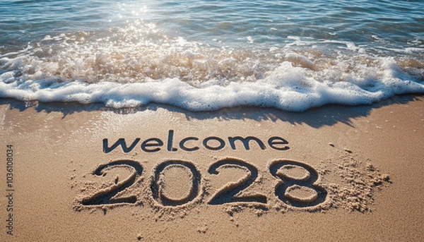 Fototapeta Welcome 2028 written on sand with ocean waves New Year concept, happy new year generated.AI