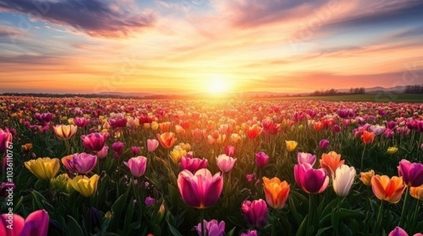 Fototapeta Radiant Sunrise Over Colorful Flower Field Representing Renewal and Fresh Beginnings