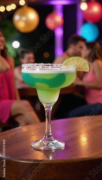 Fototapeta Illustration showcases a Margarita at a lively summer fiesta with salted rim and lime wedge