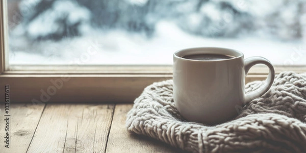 Obraz Cup of coffee against the background of a window and snow. Comfort warmth winter mood