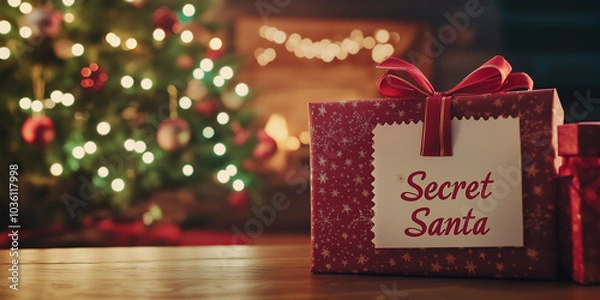 Fototapeta A gift on a table with the words "Secret Santa". Copy space
