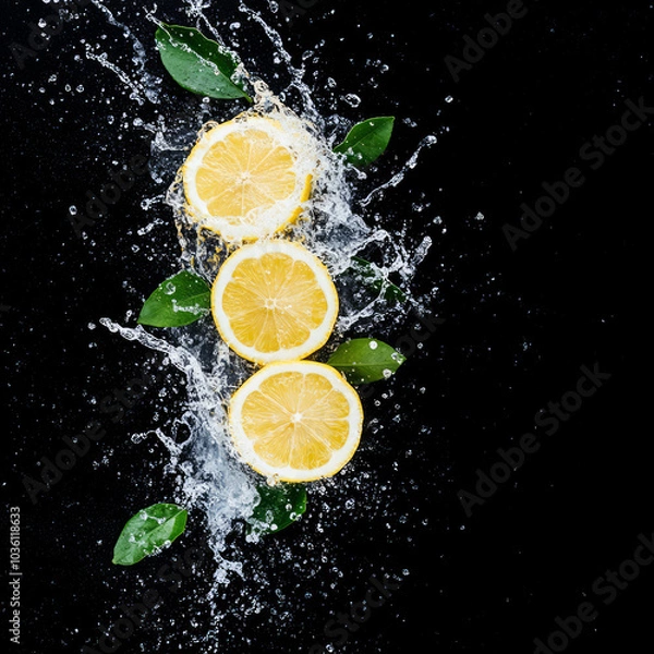 Fototapeta Three lemon slices with green leaves are splashed with water against a black background.