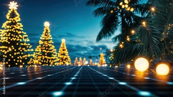 Fototapeta Tropical Christmas scene with palm trees and glowing holiday lights under a bright night sky