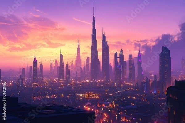 Fototapeta A City Skyline at Sunset with a Dominating Skyscraper