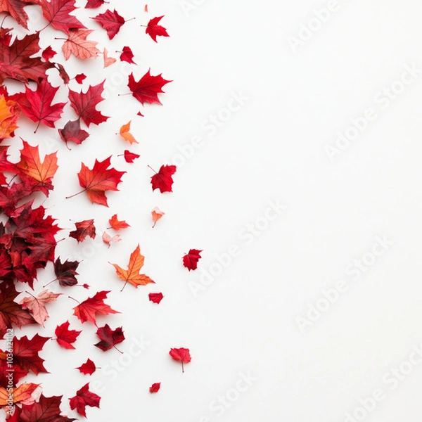 Fototapeta Red and orange autumn leaves scattered on a white background.