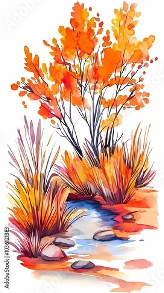Fototapeta Autumn creek flowing gently through a park, with orange and yellow leaves covering the ground and vibrant trees reflecting in the water.