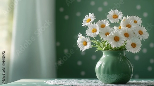 Fototapeta A vibrant green vase filled with fresh daisies on a rustic wooden table by the window