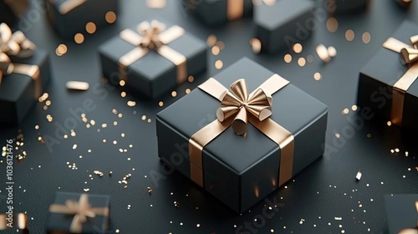 Fototapeta Golden gift boxes float among shimmering confetti against a dark backdrop, enhancing the celebration mood during special events and gatherings