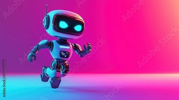Fototapeta A futuristic white robot running fst in motion against a gradient pink background.
