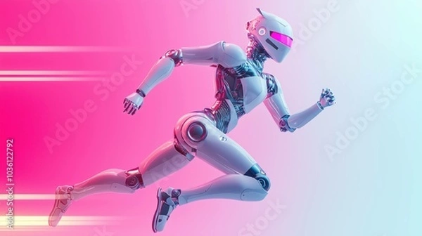 Fototapeta A futuristic white robot running fast in motion against a gradient pink background