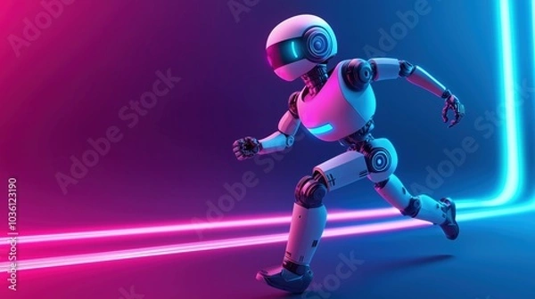 Fototapeta A futuristic robot featuring glowing lights, set against a vibrant, modern technology banner in dark navy with LED accent