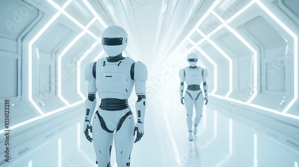 Fototapeta 2 futuristic white robots with glowing LED lights and a smooth helmet in a sleek, modern design