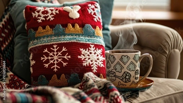 Fototapeta Cozy winter scene with knit pillow and steaming mug for seasonal decor and relaxation