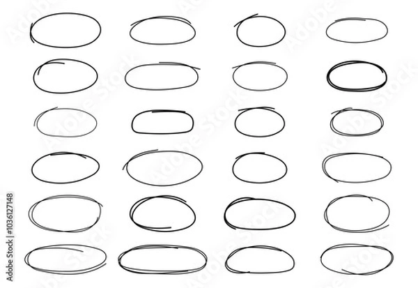 Fototapeta Collection circles in trendy style. Hand drawn. Doodle. Vector. Abstract scribbles. Brush. Editable stroke. Pencil. Element, shapes. Line and underline. Textbox, bubbles. Frame. Mark. Curves. Check