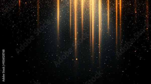 Fototapeta Golden rays of light shine on a black background with a glittery effect.