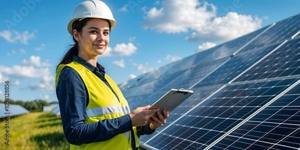 Fototapeta A woman engineer wearing a hard hat and safety vest stands by expansive rows of solar panels, holding a clipboard.