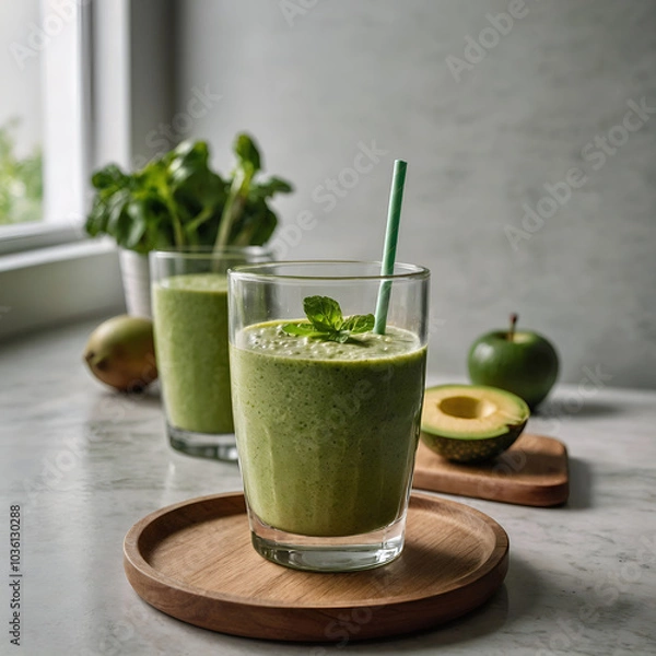 Fototapeta A glass of a green smoothie or vegetable juice into a clear glass, The smoothie looks fresh and creamy, set on a clean kitchen table with soft, natural lighting