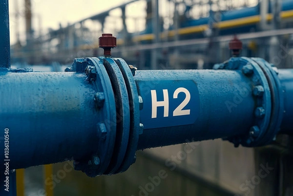 Fototapeta Close up of blue hydrogen gas pipelines in industrial area generated.AI