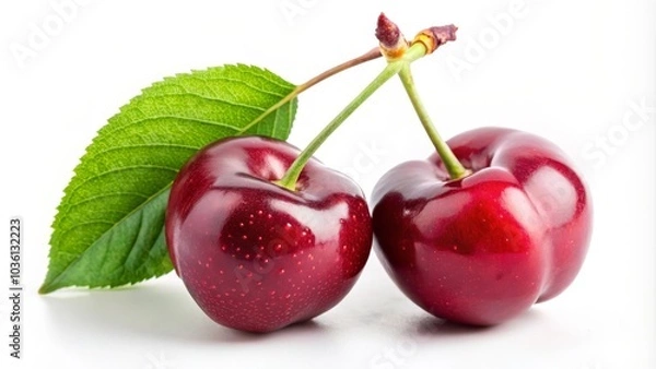 Fototapeta Two ripe red cherries with stems attached lying on a white surface with a green leaf