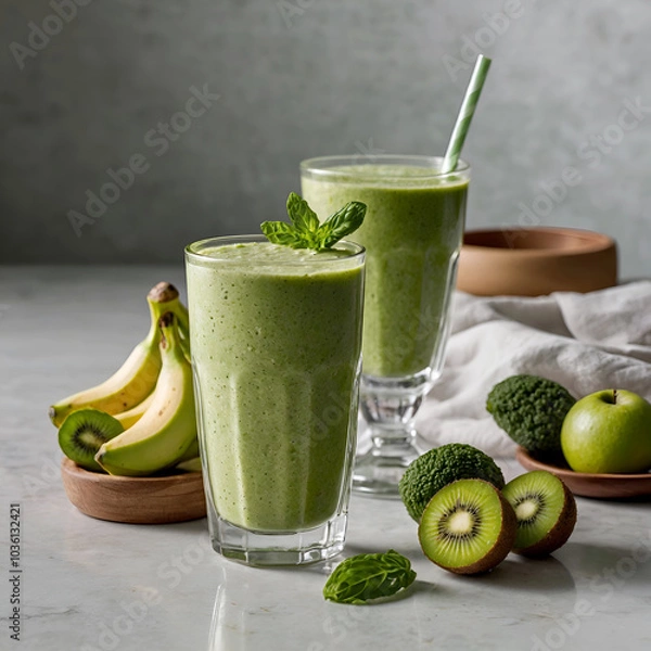 Fototapeta A glass of a green smoothie or vegetable juice into a clear glass, The smoothie looks fresh and creamy, set on a clean kitchen table with soft, natural lighting
