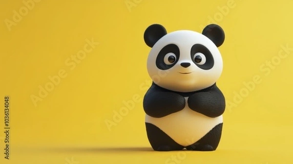 Fototapeta A cartoon panda is standing on a yellow background. The panda is smiling and he is happy