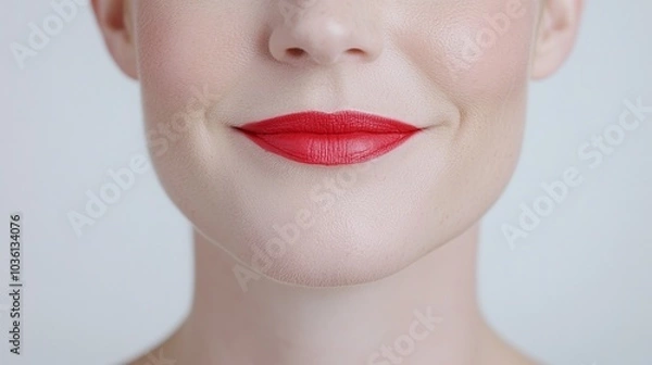 Fototapeta Close-up of a smiling woman with bright red lipstick, smooth glowing skin, and natural makeup, isolated on a clean white background, beauty and cosmetics concept emphasizing lips and skin

