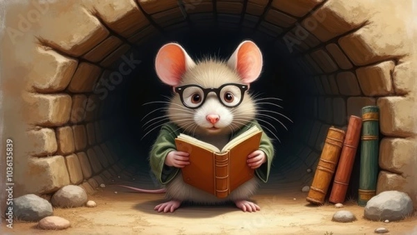Fototapeta Clever Mouse Reading in Tunnel Scene